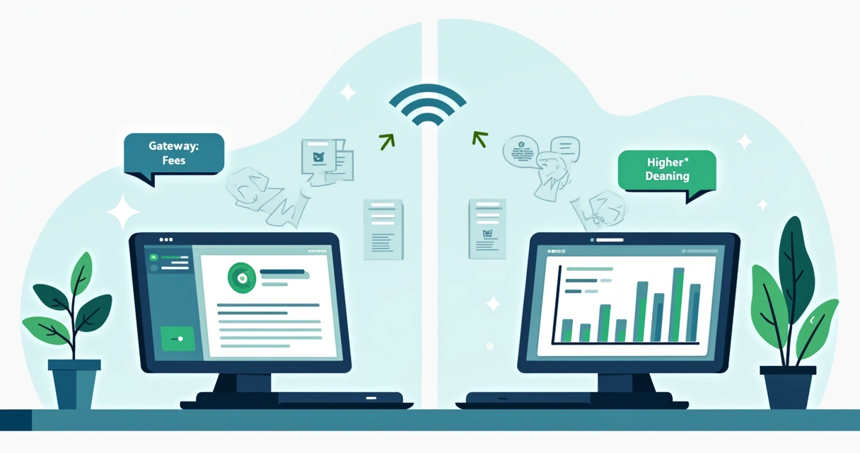 Ilustração corporativa comparando estabilidade e taxas em gateways de pagamento digital