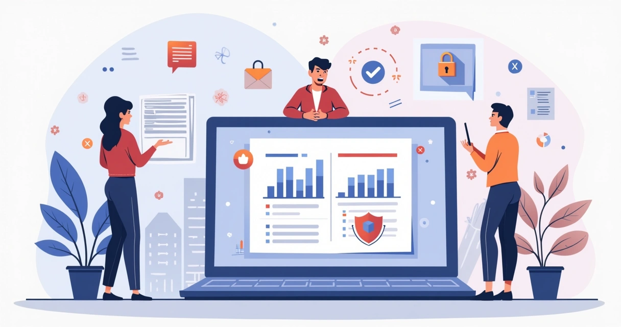 Ilustração corporativa flat mostrando empreendedores digitais preocupados ao redor de um laptop com gráficos e cadeados representando segurança e confiança em plataforma nova