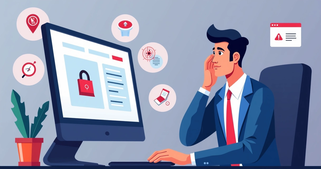 Ilustração flat corporativa mostrando um empreendedor preocupado avaliando diferentes gateways de pagamento em seu computador, com ícones de cadeados e alertas ao redor