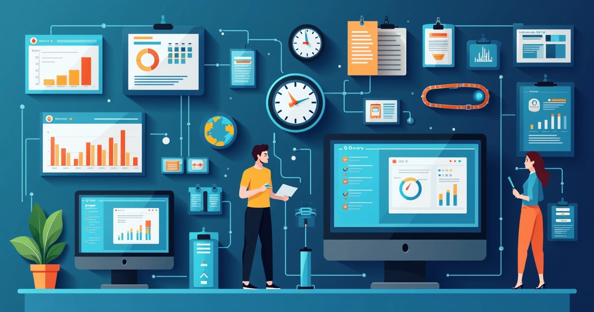 Ilustração corporativa plana de equipe monitorando sistema de vendas em vários monitores durante pico de tráfego