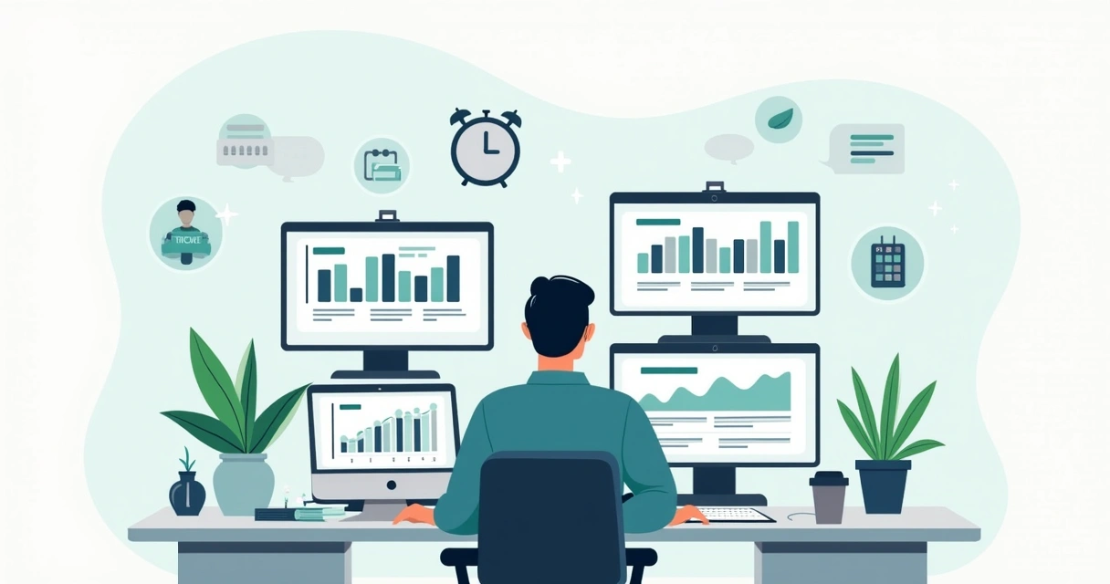 Ilustração corporativa de empreendedor gerenciando campanhas digitais em múltiplas telas durante migração de plataforma