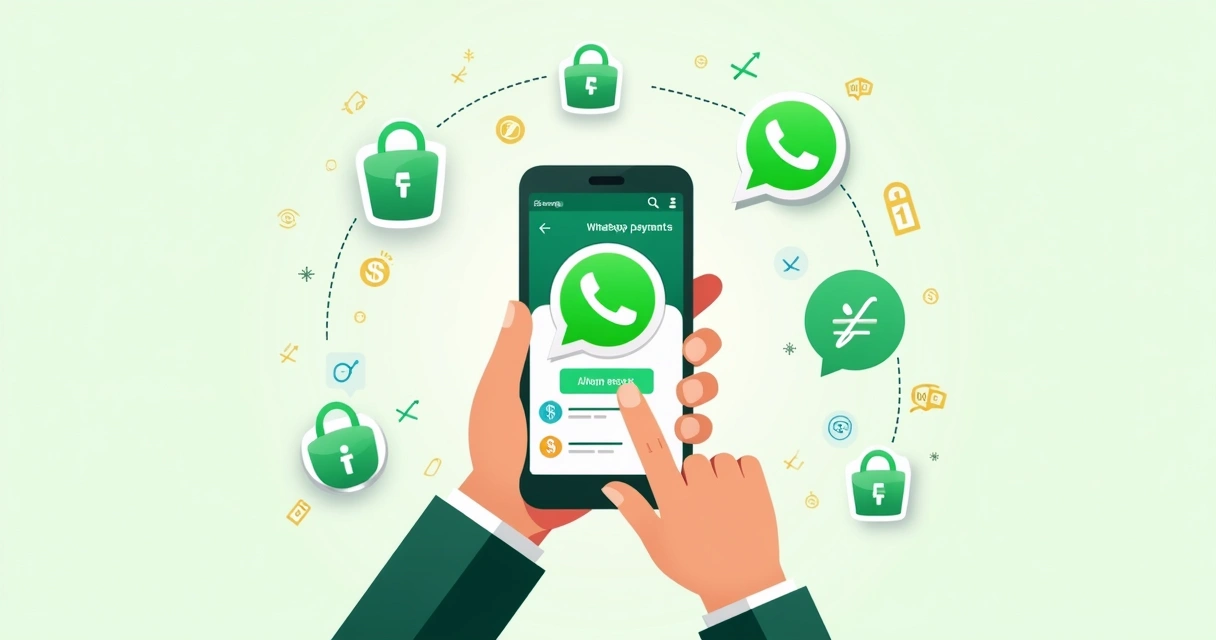 Pessoa usando smartphone para pagamento via WhatsApp com elementos digitais ao redor mostrando segurança e limites