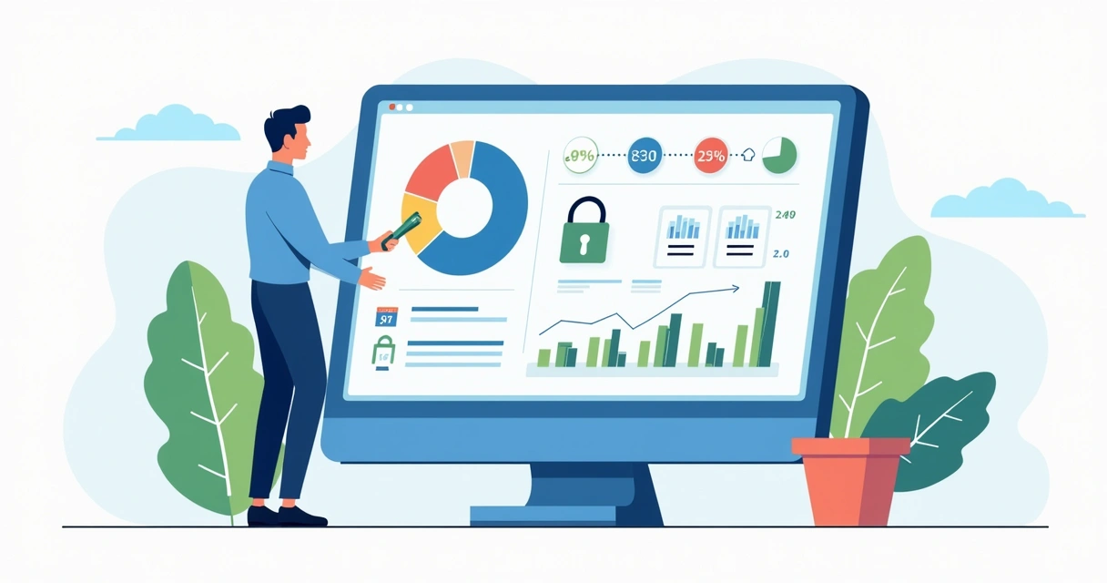 Ilustração corporativa flat de um profissional configurando riscos de venda em plataforma digital com gráficos e cadeado