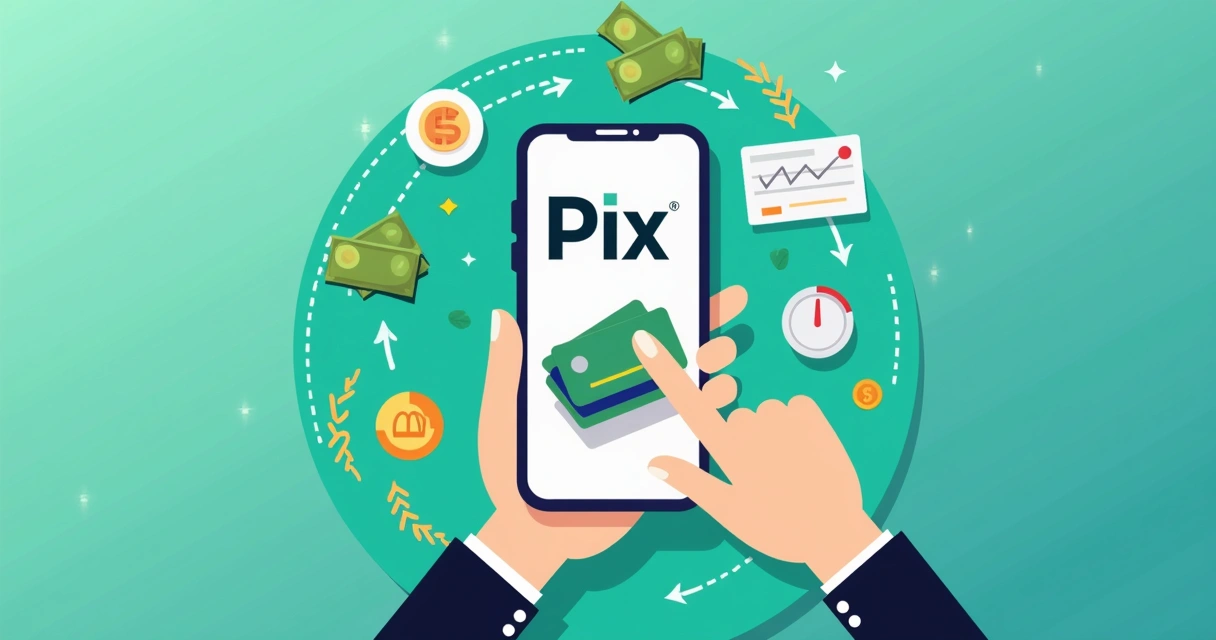 Ilustração corporativa plana mostrando uma pessoa realizando pagamento via Pix em um celular com símbolos de dinheiro, agilidade e segurança ao redor