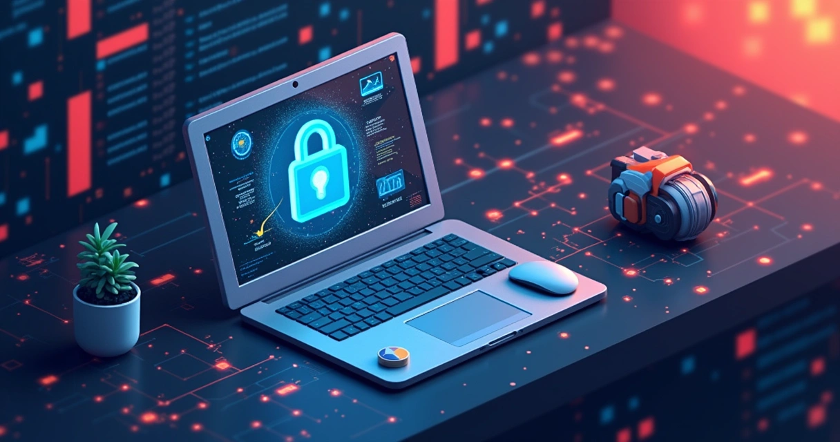 Ilustração de empreendedor digital operando computador com elementos de segurança e gráficos estáveis ao redor