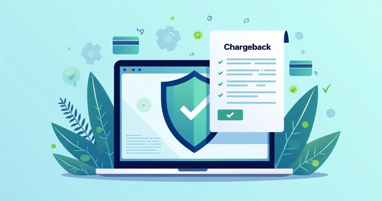 Ilustração flat corporativa de um e-commerce seguro com escudo e documento digital de chargeback