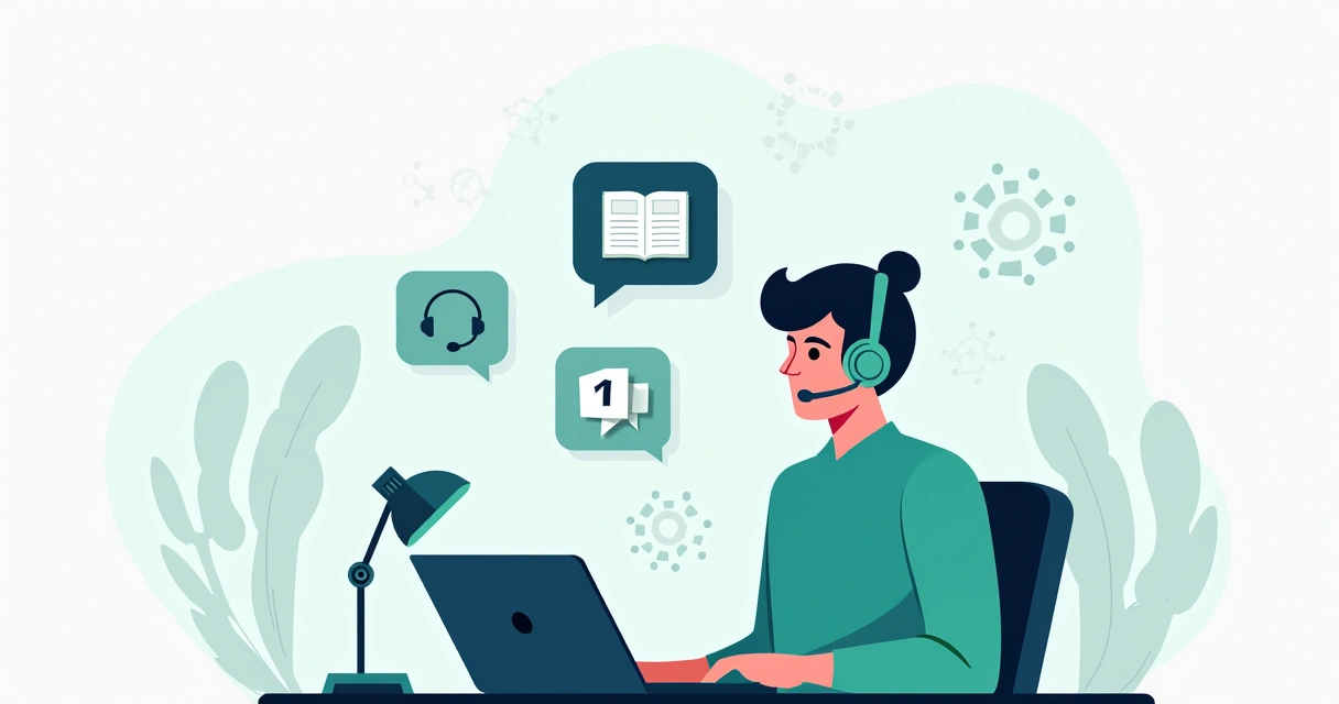 Ilustração corporativa flat de uma pessoa usando laptop com ícones de suporte técnico, documentação online e comunidades digitais ao redor