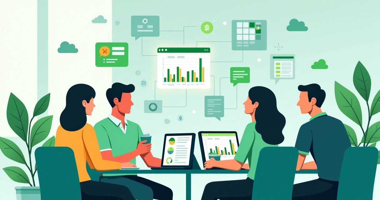 Ilustração corporativa de profissionais testando plataforma digital com gráficos e computadores
