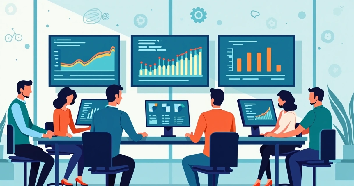 Ilustração corporativa mostrando equipe analisando gráficos de estabilidade em telas digitais